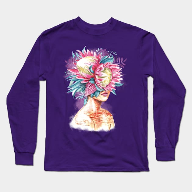 Pretty young girl with protea in hair. Long Sleeve T-Shirt by Olena Tyshchenko